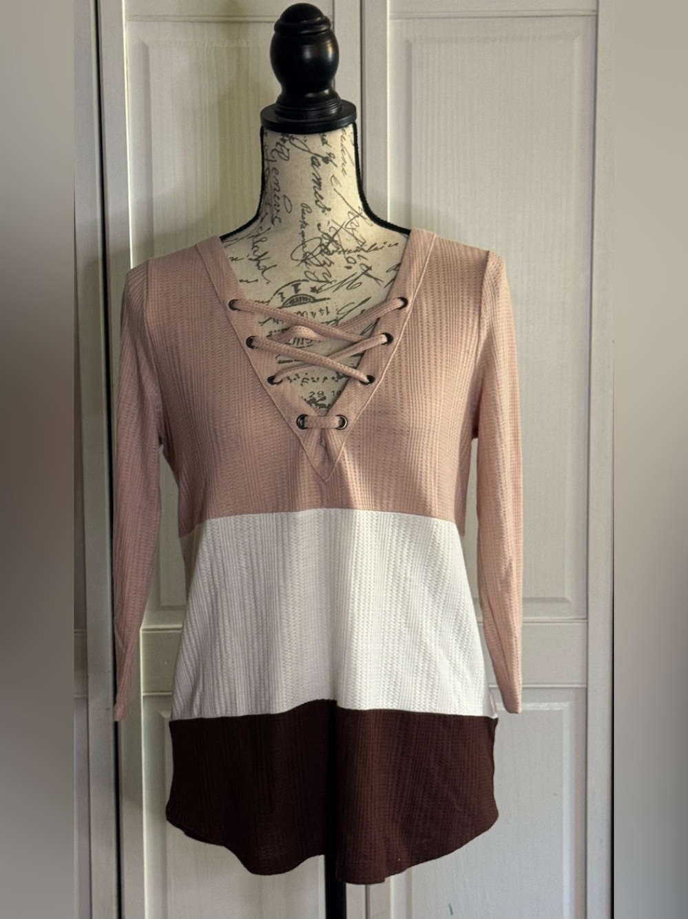 Maurices Lace-Up Colorblock Long-Sleeve Top - Pink, White, Brown